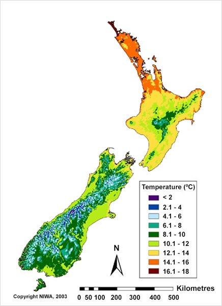Mean annual temperatures, 1971–2000