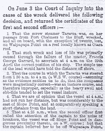 Page from the report of the sinking of the Tararua (3 June 1881)