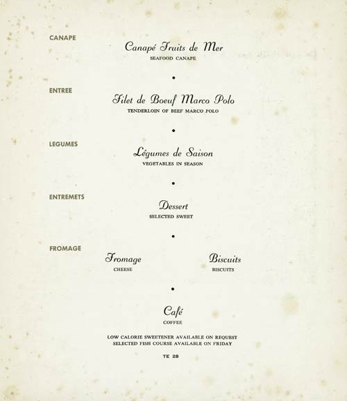 Qantas Airways menu, c. 1959 