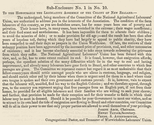 Letter from National Agricultural Labourers’ Union,
    1872