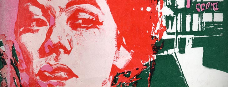 Detail from artwork showing female face and hair in bright red
