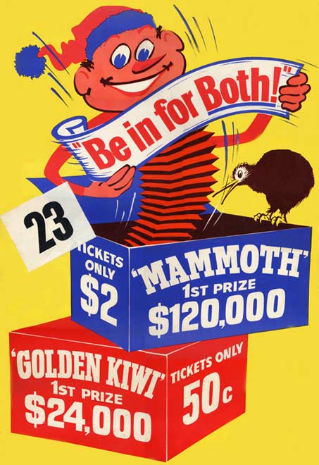 Golden Kiwi poster with jack in the box encouraging people to 'Be in for both'