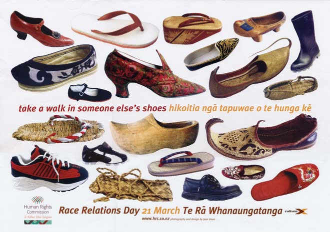 Poster of different shoes with text 'take a walk in someone else's shoes' translated and Race Relations Day 25 March, also translated into reo Māori