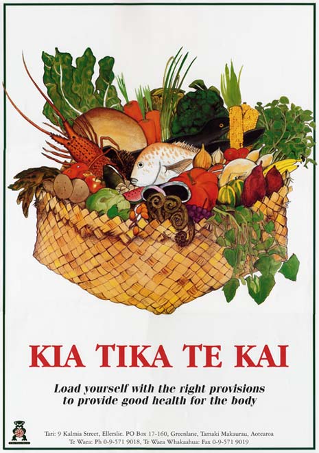 Poster with kete of healthy food and title Kia Tika Te Kai