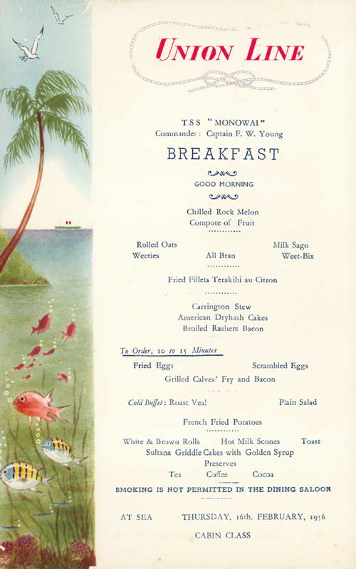Menus from the Monowai 