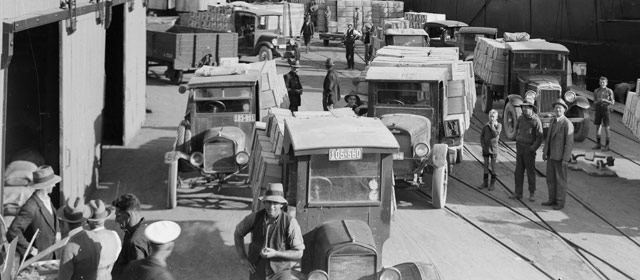 Trucks, rail and ships at Nelson wharf
