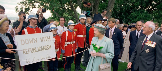 Queen Elizabeth II is greeted by Alf's Imperial Army, 1995