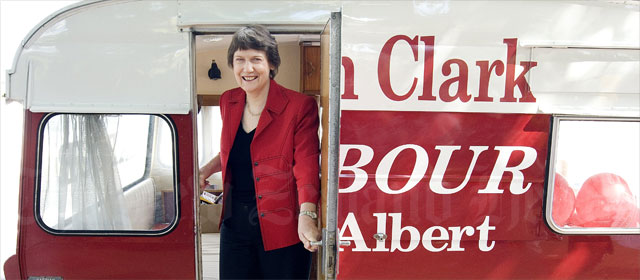 Helen Clark and her mobile electorate headquarters.