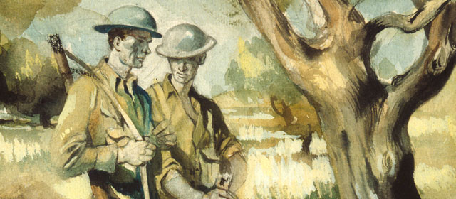 New Zealand soldiers near Maleme, on Crete, by official war artist Peter McIntyre
