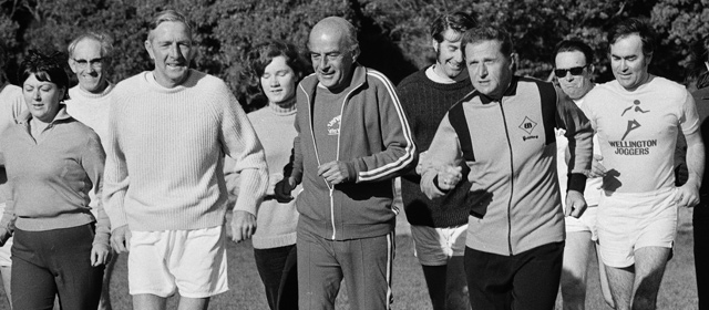 Coach Arthur Lydiard (age 56, at front right) with the Wellington Joggers' Club, 1974