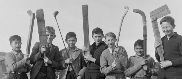 Young hockey players at Clyde Quay school, Wellington, 1955