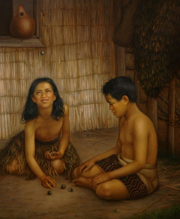 Māori children playing knucklebones