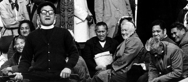 Taranaki orator Ruka Broughton using humour in a formal whaikōrero (speech) on a marae