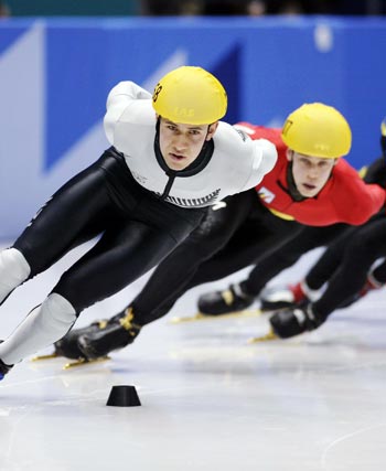 Speed skater Mark Jackson competing at the 2002 Winter Olympics