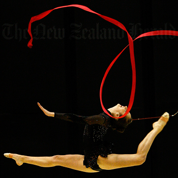Mereana Rademakers competes in rhythmic gymnastics at the 2010 GymSports New Zealand