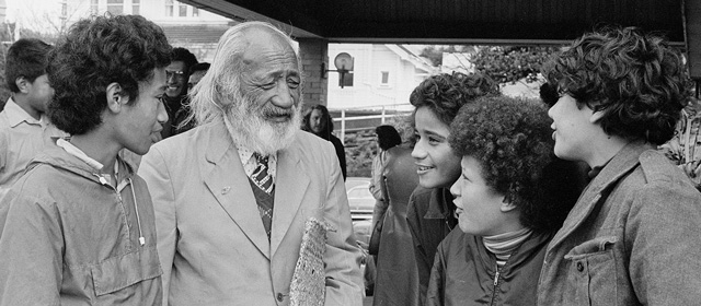 Hēmi Pōtatau with Mt Cook School students and a petition for Māori television, 1978