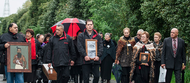 Manuhiri (guests) arrive at a pōwhiri, Papawai marae, 2012