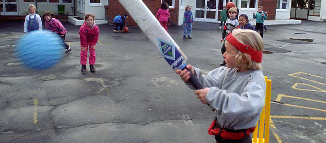 Children playing Kiwi cricket at Hataitai School, 1994