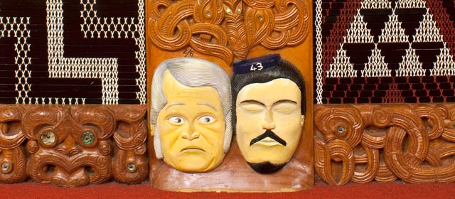 Governor George Bowen and Gustavus von Tempsky in a detail of a carved pou of Tītokowaru