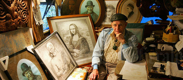 Karl Sim, New Zealand’s best known art forger, with some of his copied artworks