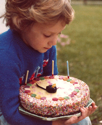 Philip Mayes celebrates his fourth birthday with a 'Hickory dickory dock' cake, 1981