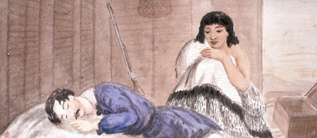 Sleeping soldier watched over by a Māori woman