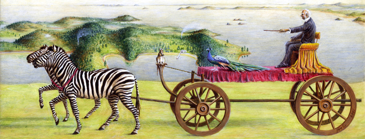Chariot towed by zebras over grass with harbour in background
