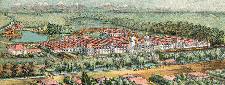 Stalised painting of large, enclosed village with drawbridge over river and mountains in background