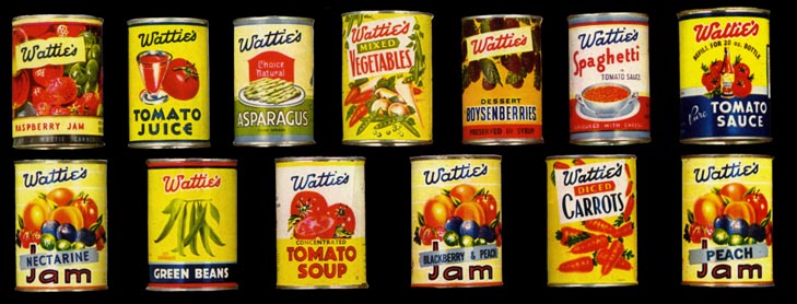 Two rows of various canned foods