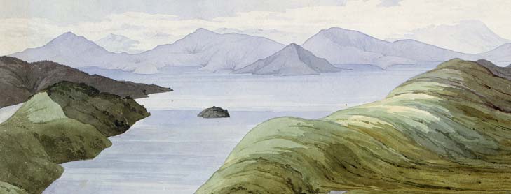 Painting of sounds surrounded by hills and islands