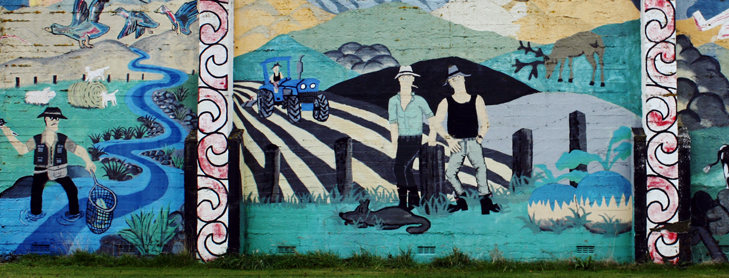 Triptych of farming scenes separated by Māori pou