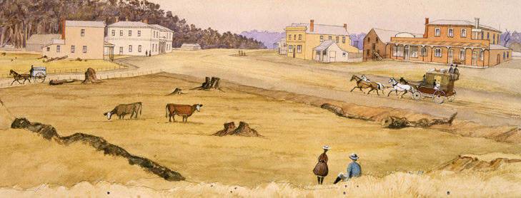 Painting of 19th century rural village with horse and cart and people in fields