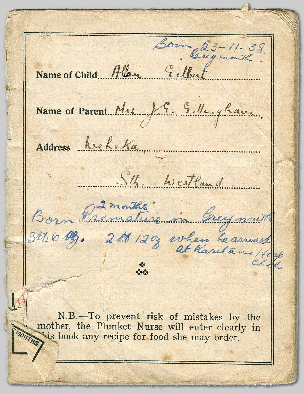 Plunket book, first page.
