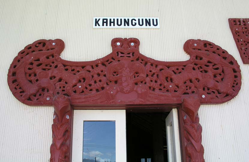 Elaborately carved lintel on Kahungunu ki Nūhaka marae, depicting the ancestor Rongomaiwahine