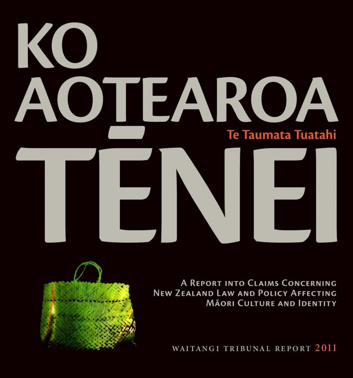 Words Ko Aotearoa Tēnei Māori on a black background with a small green woven basket
