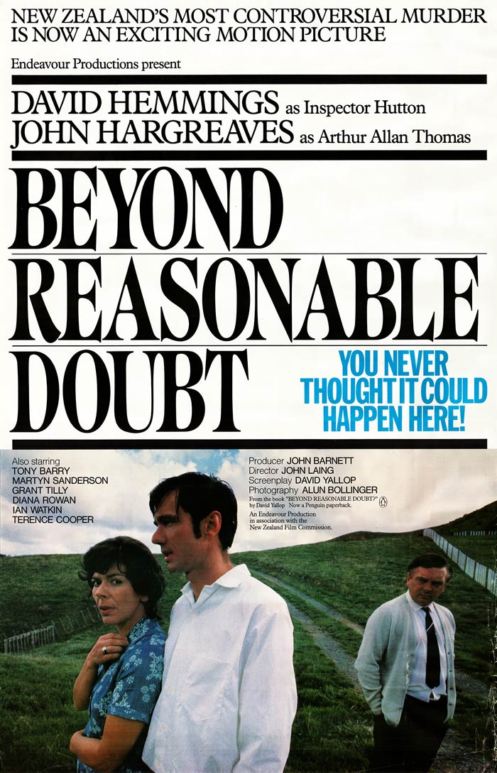 Poster with Beyond Reasonable Doubt in black text and three people standing in a grass paddock
