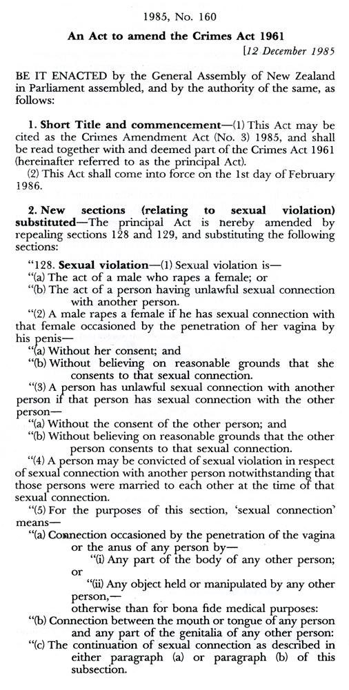 Black text about the Crimes Amendment Act 1985 on a white page