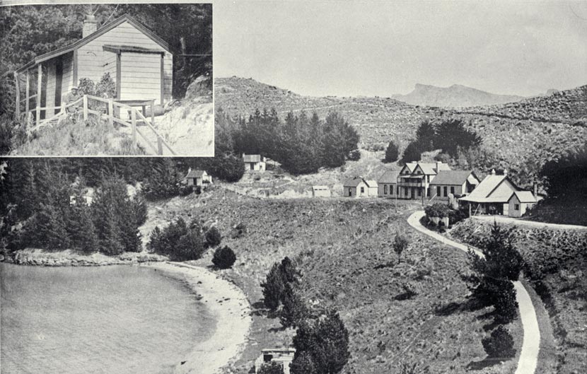 Several wooden houses on a hill above a small harbour, including a close-up of a small wooden shack.