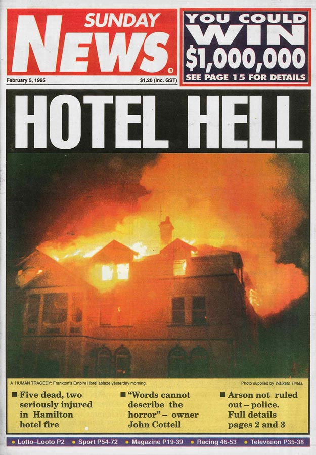Cover of newspaper with heading Hotel Hell and a photograph of a building on fire