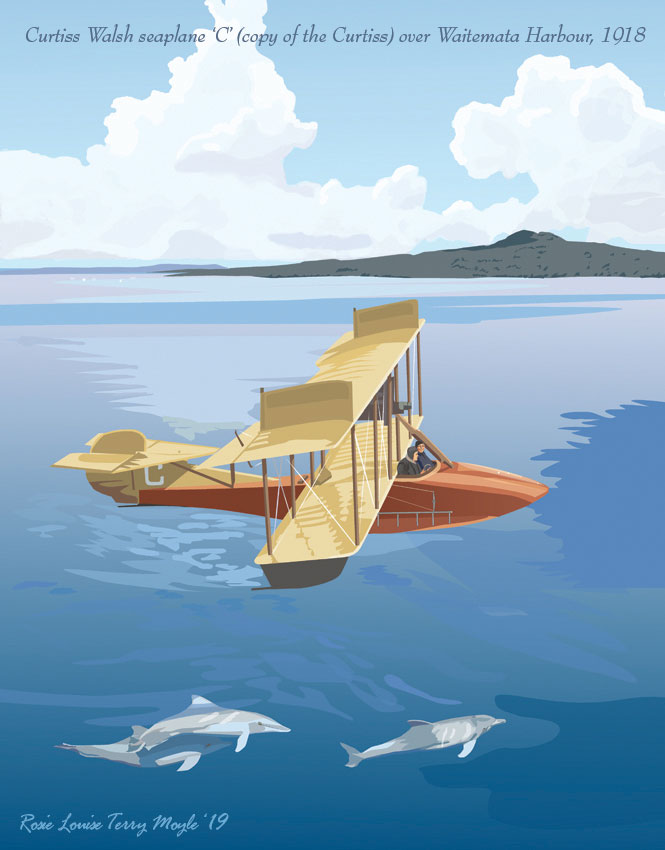 A modern colour artwork showing a seaplane flying over water with dolphins swimming beneath and Rangitoto Island in the background