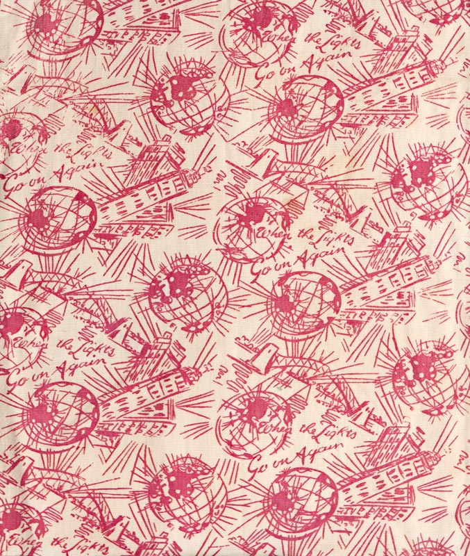An abstract collage of pink ink against a white background, with representations of light shining out from the earth and from bridges and buildings, with the repeated caption ‘When the lights go on again’.