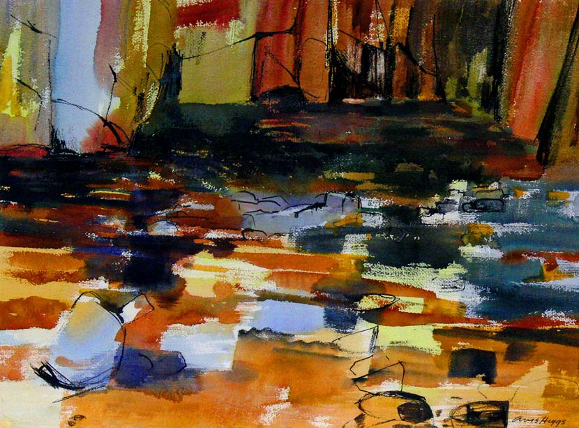 An abstract painting in ochre tones, with a large flat area evoking a river in the foreground and steep banks or trees at the rear. 