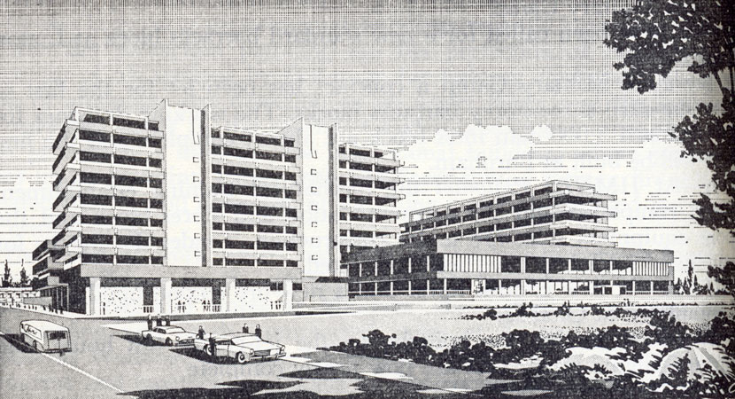 A black and white drawing showing a complex of university buildings surrounded by streets, a forecourt, and gardens.