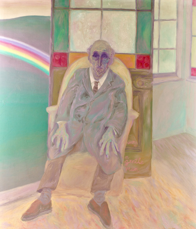 An oil painting showing a man seated beside a door with hills and a rainbow in the background