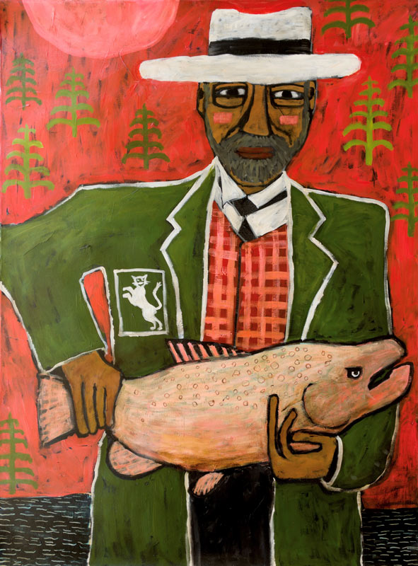 Painting of Lake Ayson wearing hat and suit holding a salmon fish