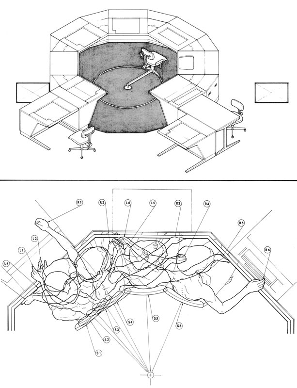 Two measured drawings of a computer work station including ergonomic drawings of how a user would move while using it.