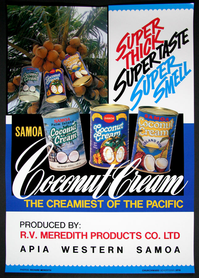 A colour advertisement for coconut cream, displaying cans of coconut cream and a coconut tree