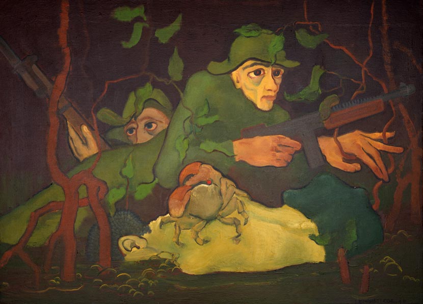 Painting of two soldiers in uniform holding guns, surrounded by mangroves, sheltering behind a rock which also contains a large crab. 
