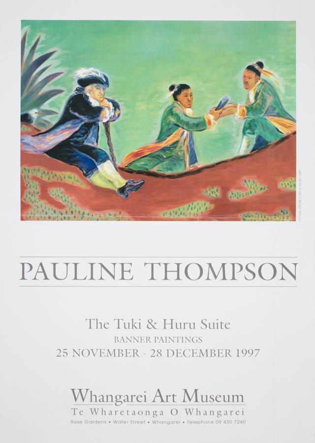 An exhibition poster featuring a painting in which a white man dressed in a hat and coat with breeches sits on the ground, while two Māori men with hair in buns dressed in green jackets exchange an object. The background sky looks green, a flax bush protrudes into the painting on the left, and the ground is coloured red with green swirls.
