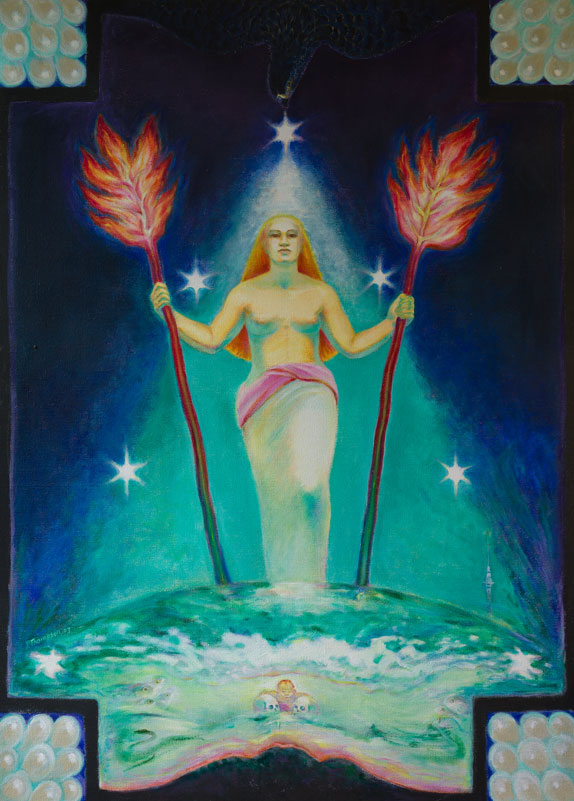A large painting of a topless woman holding two flaming torches surrounded by seven of the stars of Matariki. There is a turquoise triangle behind her and a navy blue night sky. At the woman’s feet are skulls and in the corners of the painting are eggs.